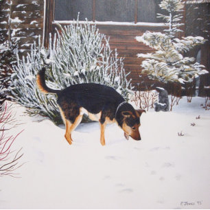 Winter snö scen med söt svart och brunt hund pussel