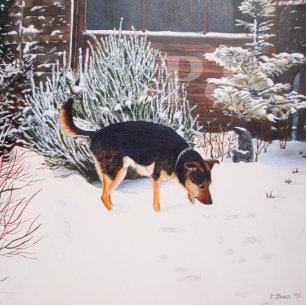 Winter snö scen med söt svart och brunt hund pussel