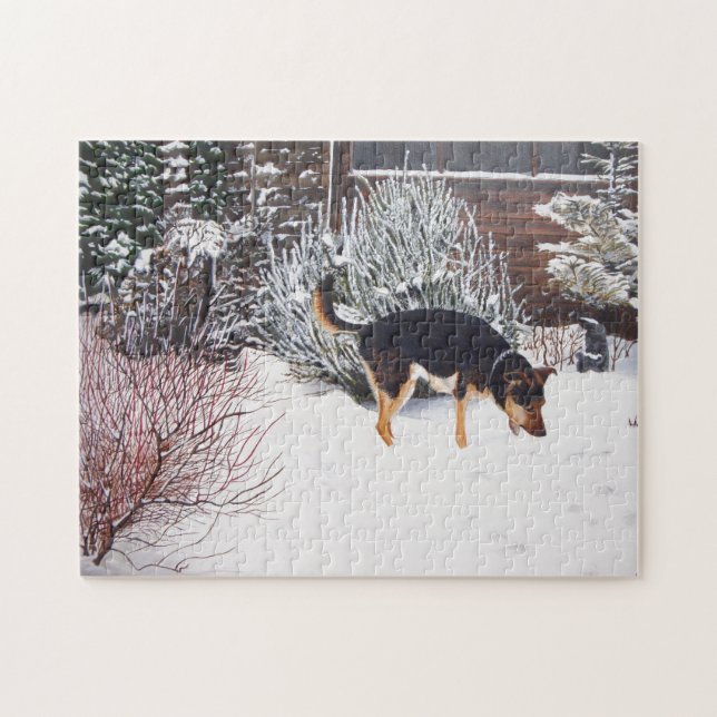 Winter snö scen med söt svart och brunt hund pussel (Horisontell)