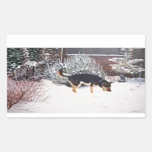 Winter snö scen med söt svart och brunt hund rektangulärt klistermärke