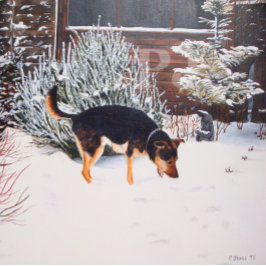 Winter snö scen med söt svart och brunt hund Två-Tonad mugg
