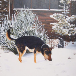 Winter snö scen med söt svart och brunt hund underlägg sandsten