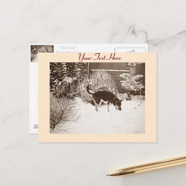 Winter snö scen med söt svart och brunt hund vykort (Fram/Back In Situ)