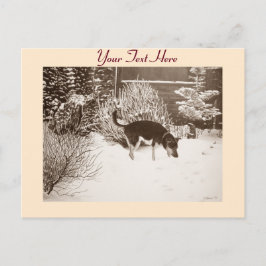 Winter snö scen med söt svart och brunt hund vykort