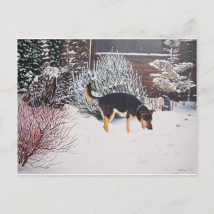 Winter snö scen med söt svart och brunt hund vykort