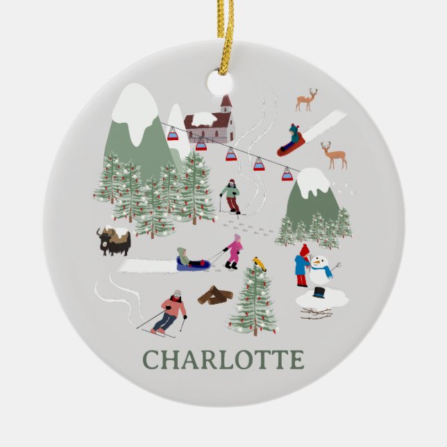 Winter Snö Skiing Mountain Ski Slopes liggande Julgransprydnad Keramik (Framsidan)