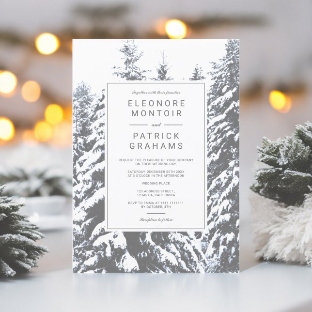 Winter snö träd-chicen för skogsfoto på gräs bröll inbjudningar (Winter snow pine trees forest photo chic wedding invitation)