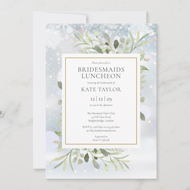 Winter Snöflingor Greenery Bridesmaids Luncheon Inbjudningar (Framsida)
