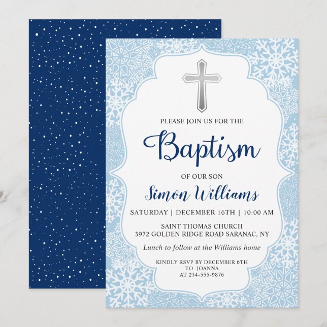 Winter Snöflingor Light Blue Silver Boy Baptism Inbjudningar (Fram/baksida)
