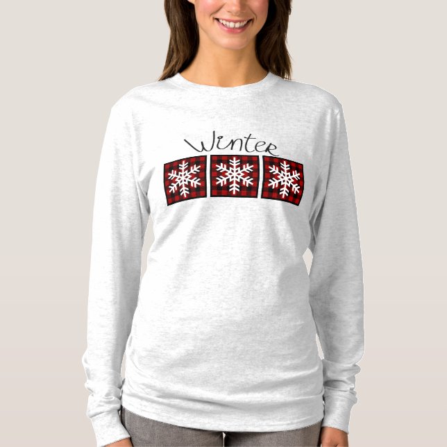 Winter Snöflingor på Red, Black Buffalo Play T Shirt (Framsida)
