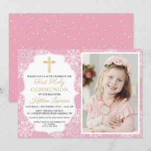 Winter Snöflingor Rosa Girl First Communion Photo Inbjudningar