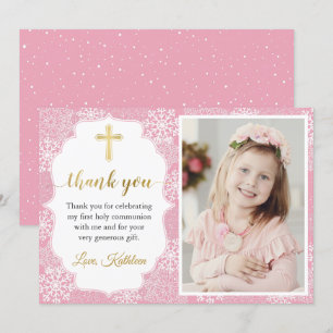 Winter Snöflingor Rosa Girl First Communion Photo Tack Kort