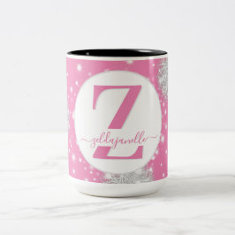 Winter Snöflingor Rosa & White Monogram & Namn Två-Tonad Mugg