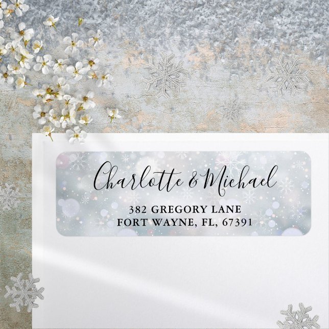 Winter Snöflingor Script Bröllop Returadress Returadress Etikett (Winter Snowflakes Script Wedding Return Address Label)