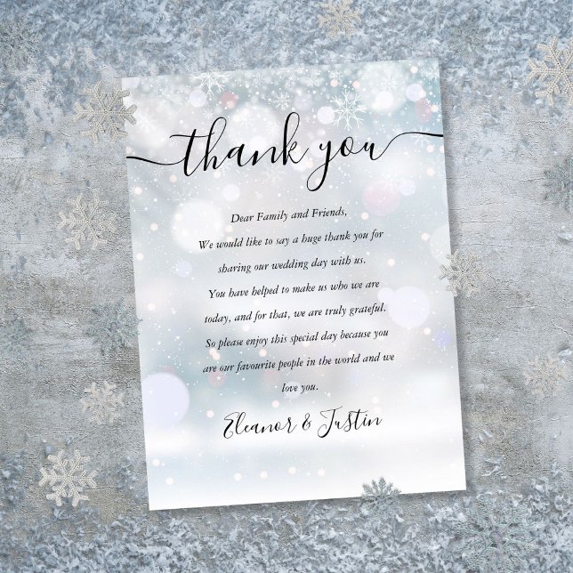 Winter Snöflingor Script Bröllop Tack Placeringskort (Winter Snowflakes Script Wedding Thank You Place Card)