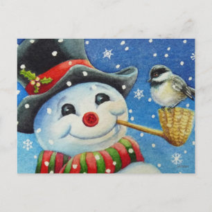 Winter Snögubbe och Chickadee Bird Watercolor Art Vykort