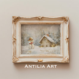 Winter Snögubbe Scene Painting Rustic jul Poster