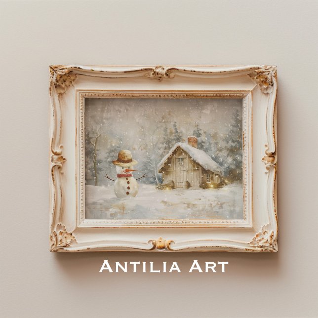 Winter Snögubbe Scene Painting Rustic jul Poster (Skapare uppladdad)