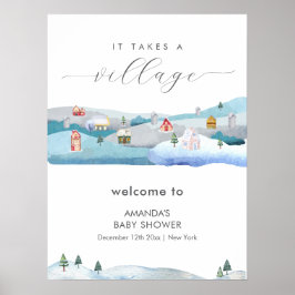 Winter Snow It Takes A Village Baby Shower Welcome Poster