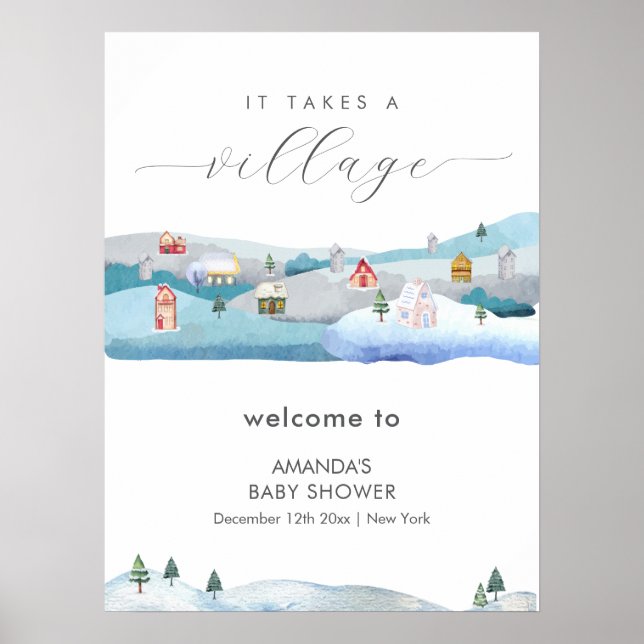 Winter Snow It Takes A Village Baby Shower Welcome Poster (Framsidan)