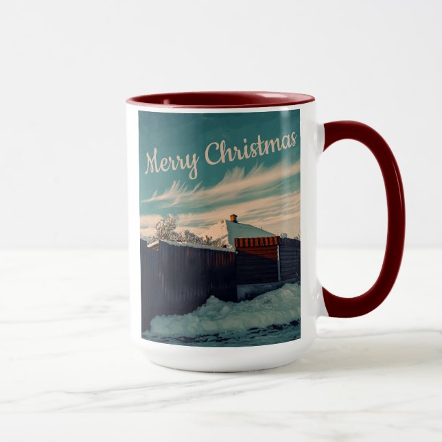 Winter Snow Scene Teal Sky Retro Landscape Mugg (Höger)