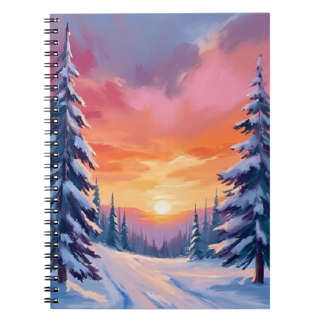 Winter Snow Sunset | Pastel Watercolor Painting Anteckningsbok (Framsidan)