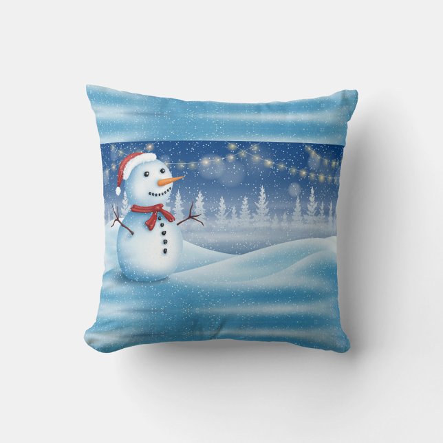 Winter Snowfall Dekorativ kudde (Illustration of a snowman in a snowy landscape. )