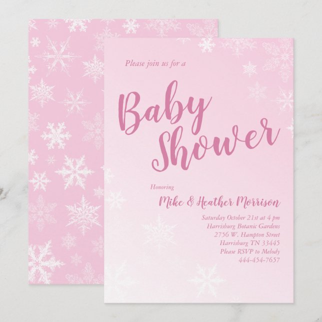 Winter Snowflake Baby Shower Rosa Girl Inbjudningar (Fram/baksida)