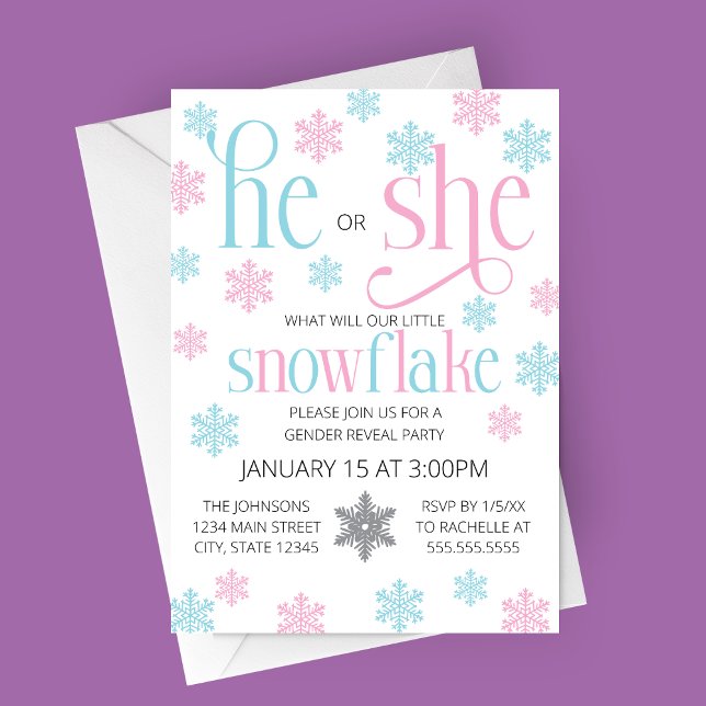 Winter Snowflake Gender Reveal Invitation Inbjudningar (He or She Snowflake Be Winter Gender Reveal Party with Pink and Blue Snowflakes)