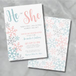 Winter Snowflake Gender Reveal Party Inbjudningar<br><div class="desc">Fira upphetsningen av en vinter-gender avslöjade party med denna elegant snöflingematerade inbjudan, med ett mjukt rosa- och blått färg-schema med grått-accenter. I toppen, i det vackra manuset brev, "Han eller hon, vad kommer baby att bli?" anger tonen för det stora avslöjandet. Framsidan är försedd med delikat vattenfärgsfärg snöflingor i rosa...</div>
