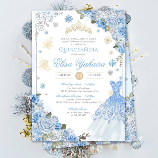 Winter Snowflake Ice Blue Guld Silver Quinceañera Inbjudningar (Skapare uppladdad)