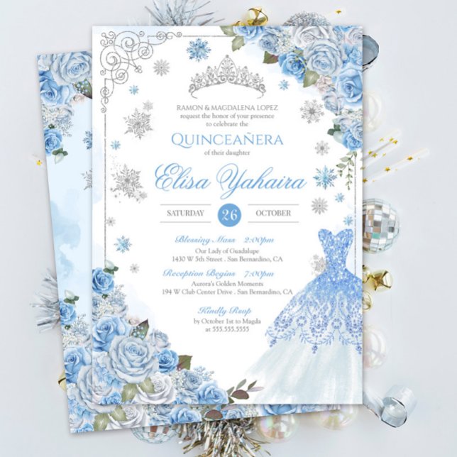 Winter Snowflake Ice Blue Silver Quinceañera Inbjudningar (Skapare uppladdad)