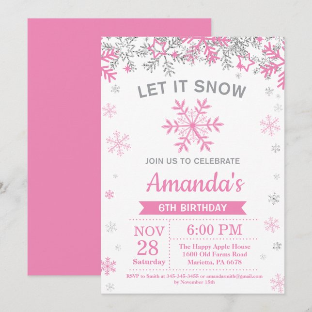 Winter Snowflake Rosa och Silver Girl Birthday Inbjudningar (Fram/baksida)
