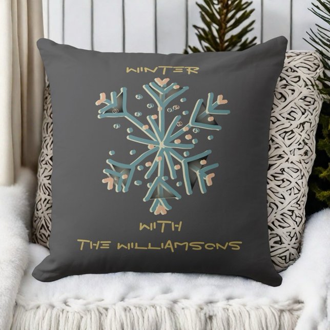 Winter snowflake script grått teal peach guld chic kudde (Skapare uppladdad)