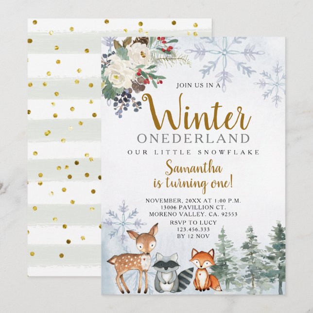 Winter Snowflake Sleigh Birthday Animals Woodland Inbjudningar (Fram/baksida)