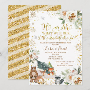 Winter Snowflake Woodland Animals Gender Reveal Inbjudningar