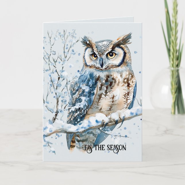 Winter Snowflakes Blue Owl Christmas Kort (Framsida)