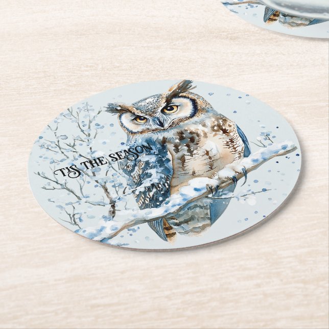 Winter Snowflakes Blue Owl Christmas Snow Underlägg Papper Rund (Vinklad)