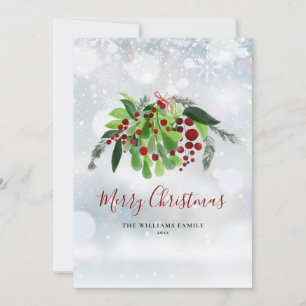 Winter Snowflakes Red Berries Greenery Christmas Julkort