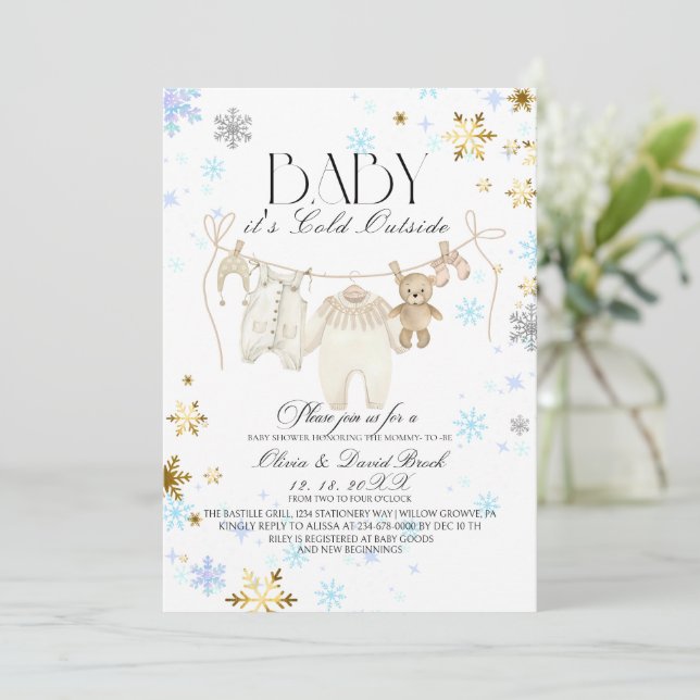 Winter Snowflakes Silver and Gold  Baby Shower  Inbjudningar (Stående Fram)