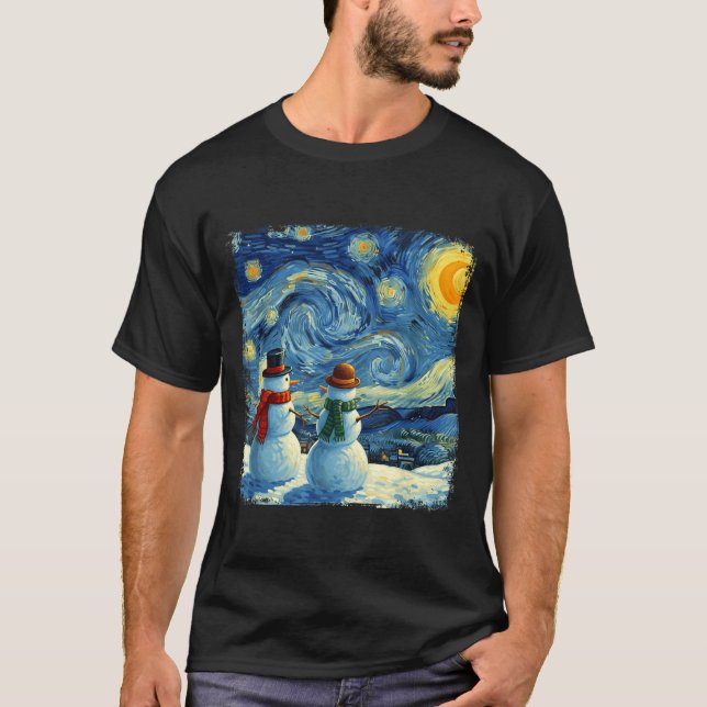 Winter Snowman Van Gogh Starry Night Christmas  T Shirt (Framsida)