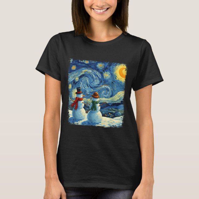 Winter Snowman Van Gogh Starry Night Christmas  T Shirt (Framsida)