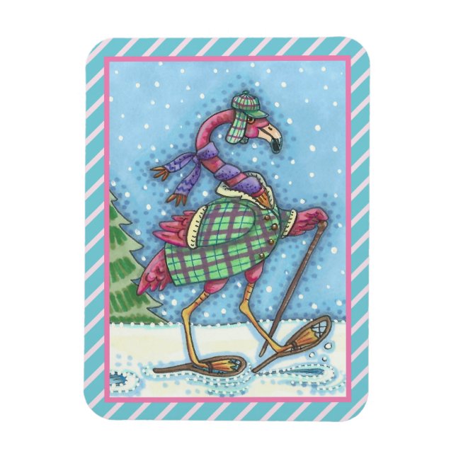 WINTER SNOWSHOES, ROSA FLAMINGO CHRISTMAS MAGNET (Vertikal)