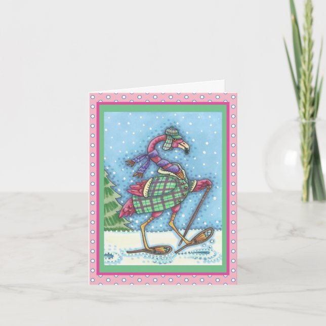 WINTER SNOWSHOES ROSA FLAMINGO GREETING CARD Blank Helgkort (Framsida)