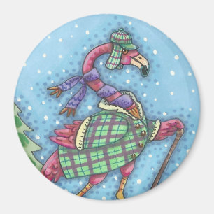 WINTER SNOWSHOES, ROSA FLAMINGO MAGNET Round