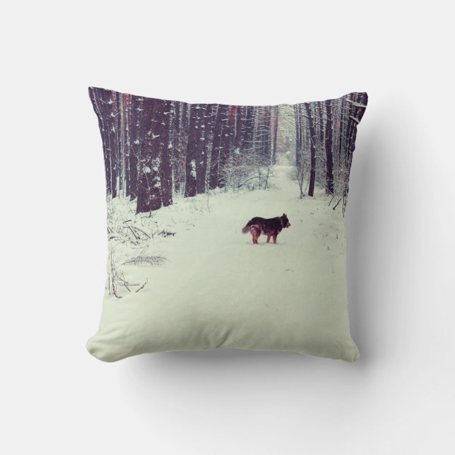 Winter snowy gräs-skogen, hund i skogen kudde (Framsida)