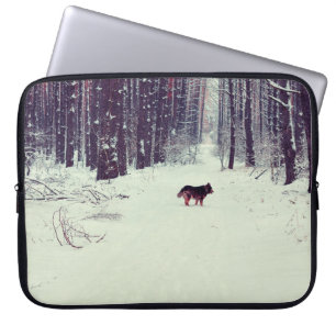 Winter snowy gräs-skogen, hund i skogen laptop fodral