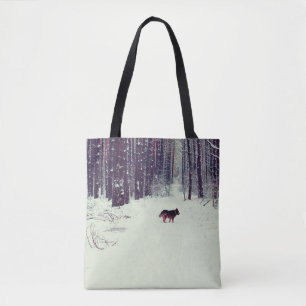 Winter snowy gräs-skogen, hund i skogen tygkasse