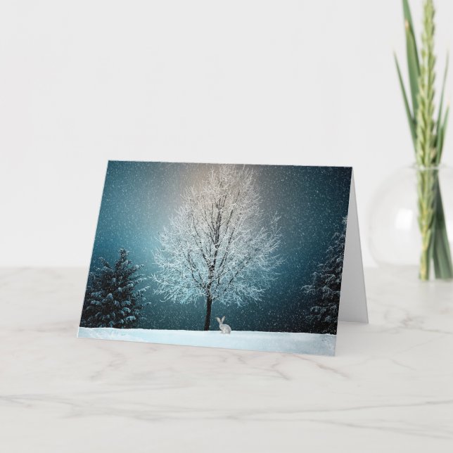 Winter Snowy Rabbit Nature God Helgdag Helgkort (Framsida)