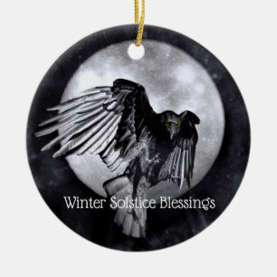 Winter Solstice Blessing Raven eller Kråka Måne Pa Julgransprydnad Keramik
